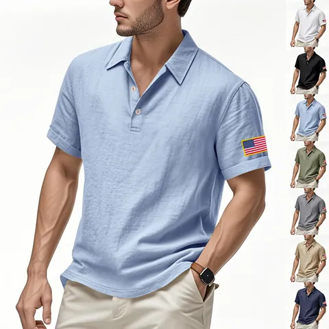 Heren Zomer Linnen Poloshirt Amerikaanse Vlag Borduurwerk Korte Mouw Casual Ademend Top Effen Kleur Britse Gentleman Kleding