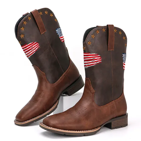 Men Western Cowboy Boots Square Toe American Flag Star Embroidery PU Leather Pull-on Mid-Calf Outdoor Retro Fashion Boots