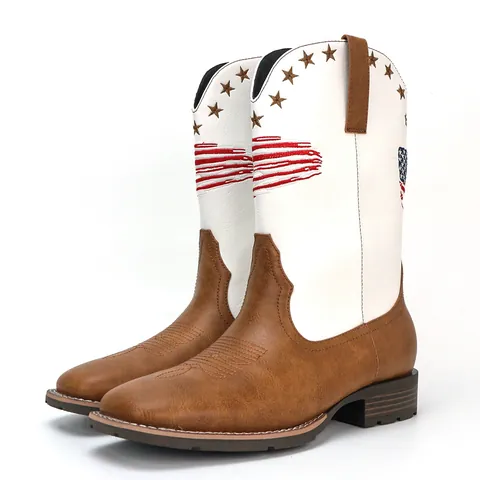 Men Western Cowboy Boots Square Toe American Flag Star Embroidery PU Leather Pull-on Mid-Calf Outdoor Retro Fashion Boots