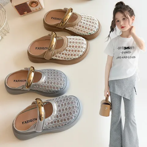 Girls Summer Hollow Woven Closed Toe Mules Flat Breathable Slip On Loafers For Children Fashion Daily Casual Beach Shoes