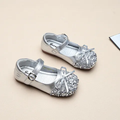 Girls Sequin Princess Shoes Shiny Bow Mary Jane Flats Toddler Soft Sole Dress Shoes Fashion Kids Leather Single Shoes