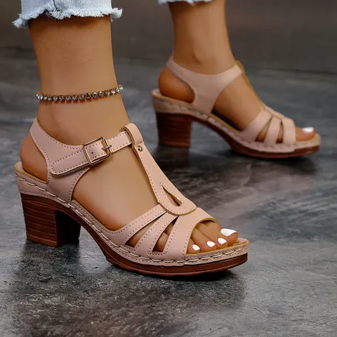 Women Roman Sandals Chunky High Heel T-Strap Metal Buckle PU Leather Open Toe Fashion Summer Sandals Plus Size Comfort