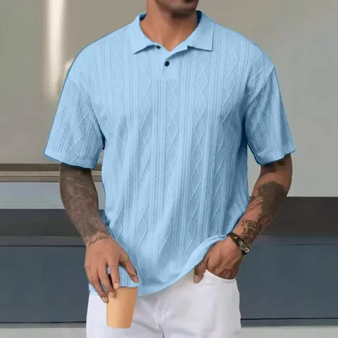 Men's Casual Short Sleeve Polo Shirt Summer Solid Color Textured Jacquard Knit Lapel Top Breathable Regular Fit Polo