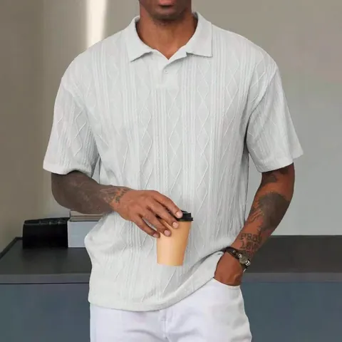 Men's Casual Short Sleeve Polo Shirt Summer Solid Color Textured Jacquard Knit Lapel Top Breathable Regular Fit Polo