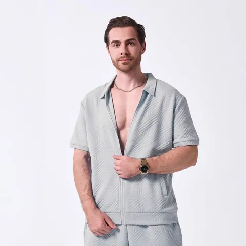 Men Casual Cotton Blend Jacquard Zipper Jacket Outdoor Loose Fit Short Sleeve Cardigan Top For Summer Daily Leisure Outerwear