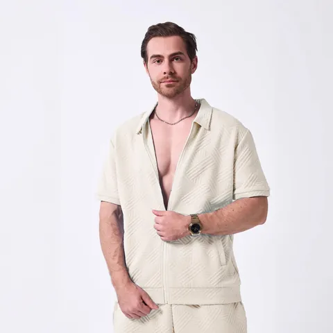 Men Casual Cotton Blend Jacquard Zipper Jacket Outdoor Loose Fit Short Sleeve Cardigan Top For Summer Daily Leisure Outerwear
