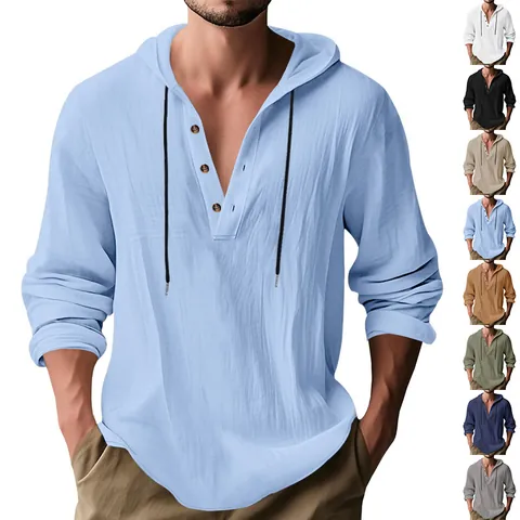 Men's Casual Linen Henley Shirt Long Sleeve Loose Hooded Beach Yoga Top Breathable Woven Solid Color Fashion Urban Shirt