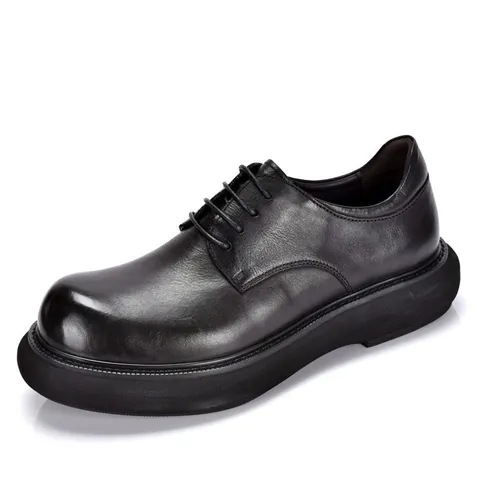 Men Cowhide Leather Derby Shoes Fashion Round Toe Platform Height Increasing British Style Casual Lace-up Leather Shoes