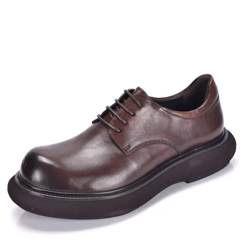 Men Cowhide Leather Derby Shoes Fashion Round Toe Platform Height Increasing British Style Casual Lace-up Leather Shoes