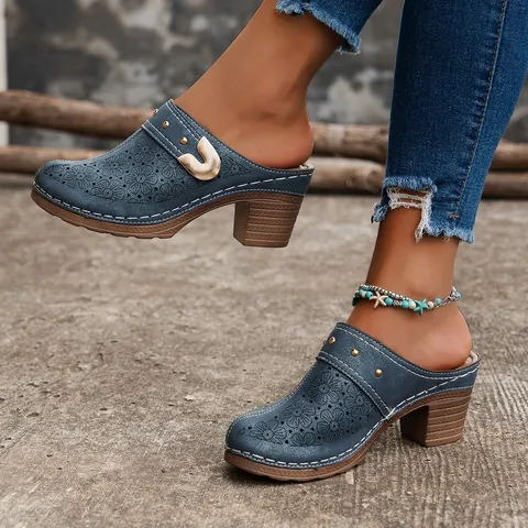 Women Vintage Hollow Out Muller Sandals Patent Leather Chunky High Heel Closed Toe Retro Bohemian Clogs Slides Shoes
