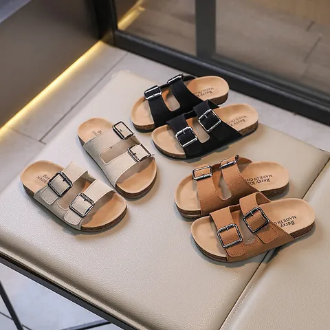 Kids Cork Sandals Summer Boys Girls Beach Shoes Cow Suede Buckle Adjustable Soft Sole Casual Slippers Fashion Footwear