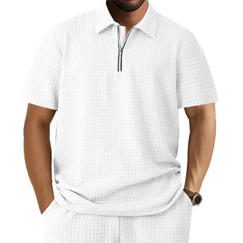 Men's American Style Heavyweight Loose Jacquard Waffle Polo Shirt Summer Short Sleeve Zipper Lapel Sporty Casual Top