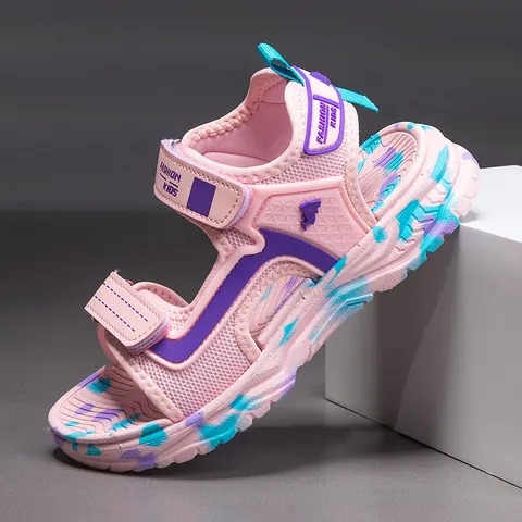 Kids Open Toe Beach Sandals Lightweight Non-Slip Soft Sole Casual Summer Sport Shoes For Boys Girls Synthetic Leather