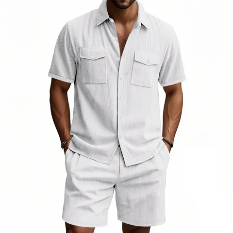 Herren Sommer Casual Heavyweight Cordsamt Workwear Set Kurzarm Button Up Hemd und Shorts Zweiteiliges Smart Casual Set
