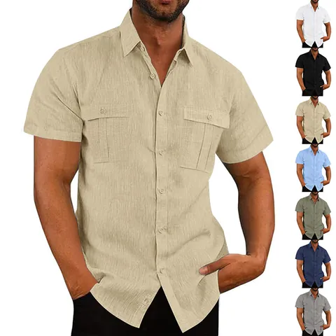 Men's Linen Short Sleeve Shirt Casual Solid Color Loose Fit Lapel Button Down Beach Summer Workwear Top Multi Pocket