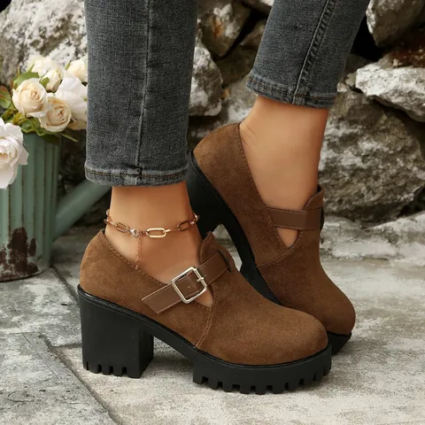 Mocassini da Donna Stile Britannico Tacco Largo Platform Scarpe Eleganti Pelle PU Motivo Coccodrillo Fibbia in Metallo Retro Moda Scarpe Singole