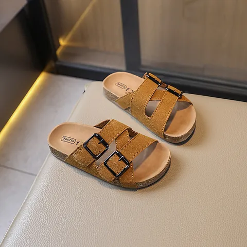 Kids Casual Birkenstock Style Sandals Synthetic Leather Double Buckle Slides For Boys Girls Summer Beach Sandal Slippers Cork Texture Soft Sole Shoes