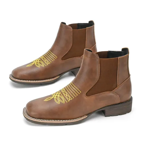Men's Embroidered Chelsea Boots Vintage PU Leather Slip-On Martin Boots For Men Casual Western Cowboy Boots With Rubber Sole