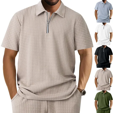Men's American Style Heavyweight Loose Jacquard Waffle Polo Shirt Summer Short Sleeve Zipper Lapel Sporty Casual Top