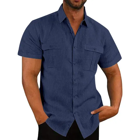 Men's Linen Short Sleeve Shirt Casual Solid Color Loose Fit Lapel Button Down Beach Summer Workwear Top Multi Pocket