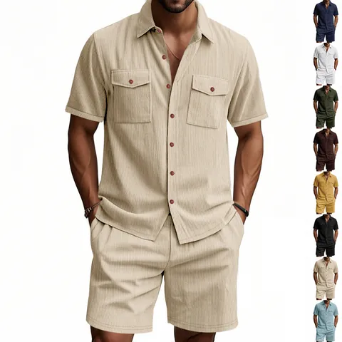 Herren Sommer Casual Heavyweight Cordsamt Workwear Set Kurzarm Button Up Hemd und Shorts Zweiteiliges Smart Casual Set