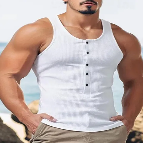 Ανδρικό Ριμπ Πλεκτό Φανελάκι Henley Racerback Αμάνικο Μπλουζάκι Αμερικανικό Στυλ Στενή Γραμμή Μείγμα Βαμβακιού Καλοκαιρινό Γιλέκο