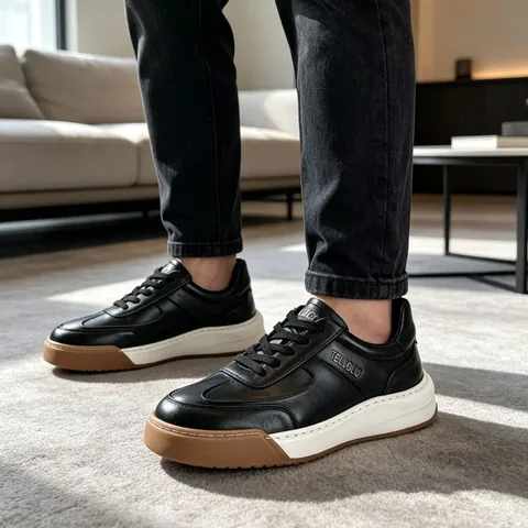 Men Fashion Casual Leather Shoes First Layer Cowhide Thick Sole Sneakers Breathable Lace-up Board Shoes Height Increasing