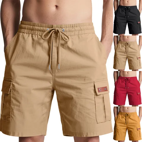 Men's American High Street Cargo Shorts Summer Casual Work Shorts Loose Five-Point Pants With Elastic Drawstring Waist Multi-Pocket Shorts