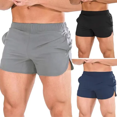 Men Quick Dry Sports Shorts Summer Athletic Running Shorts Side Slit Elastic Waist Gym Shorts Solid Polyester Bottoms