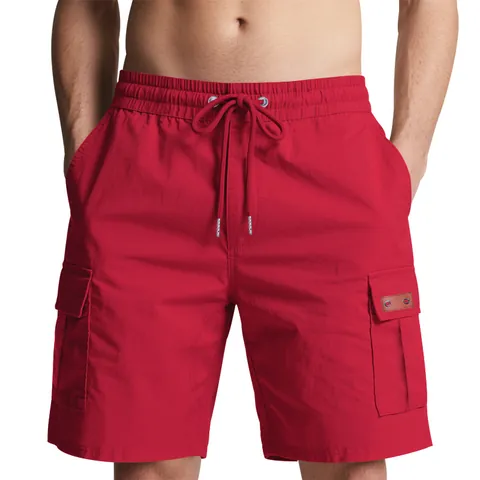 Men's American High Street Cargo Shorts Summer Casual Work Shorts Loose Five-Point Pants With Elastic Drawstring Waist Multi-Pocket Shorts
