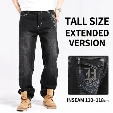 Men's Extra Long Hip Hop Loose Embroidered Jeans Gothic Letter Wing Pattern Relaxed Fit Tall Men Streetwear Denim Bottom Black