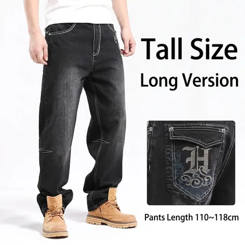 Men's Extra Long Hip Hop Loose Embroidered Jeans Gothic Letter Wing Pattern Relaxed Fit Tall Men Streetwear Denim Bottom Black