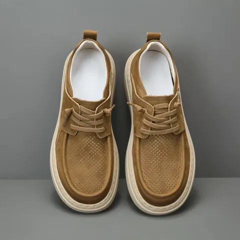 Mocassini Décontractés en Cuir pour Hommes Cuir de Vachette Respirant Ajouré Semelle Épaisse Sneakers Rétro Tendance pour Hommes