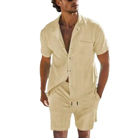 Heren Casual Corduroy Korte Mouw Overhemd Shorts Top And Bottom Zomervakantie Beachwear Urban Streetwear Retro Stijl