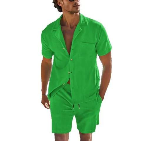 Heren Casual Corduroy Korte Mouw Overhemd Shorts Top And Bottom Zomervakantie Beachwear Urban Streetwear Retro Stijl