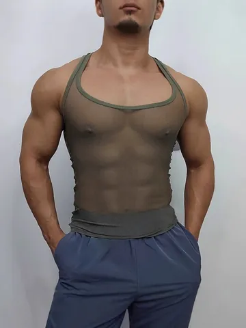 Men's Sexy Mesh See-Through Tank Top Slim Fit Breathable Sleeveless Vest For Gym Fitness Sports Solid Color Polyester Top
