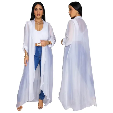 Women's Extra Long Chiffon Cardigan Loose Western Style Sheer Sun Protection Summer Beach Cover Up Polyester Casual Coat