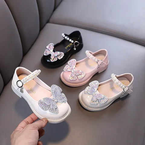 Girls Princess Mary Jane Shoes Rhinestone Bow PU Leather Flat Shoes Elegant Pearls Dance Performance Wedding Party Shoes