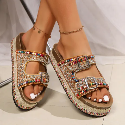 Women Bohemian Platform Slides With Artificial Pearl Rhinestone PU Leather EVA Sole Double Buckle Cork Sandals Summer Shoes