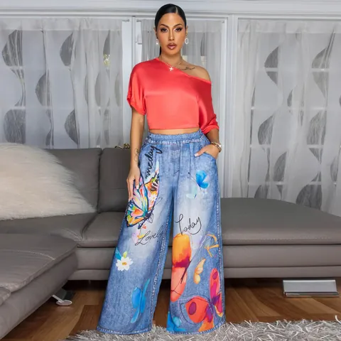 Women High Waisted Wide Leg Pants Floral Butterfly Printed Loose Casual Trousers Polyester Elastic Waist Trousers Daily Streetwear