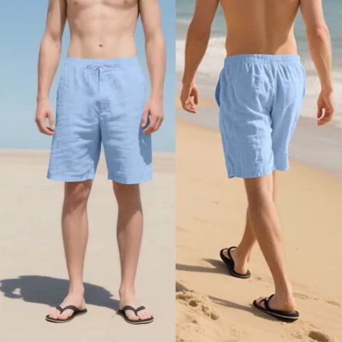 Men Summer Linen Blend Shorts Casual Loose Straight Five Point Pants Elastic Drawstring Waist Sporty Shorts With Pockets
