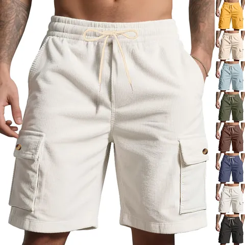 Men's Summer Outdoor Heavyweight Loose Casual Sport Corduroy Cargo Shorts Five-Point Shorts Multi-Pocket Bottoms