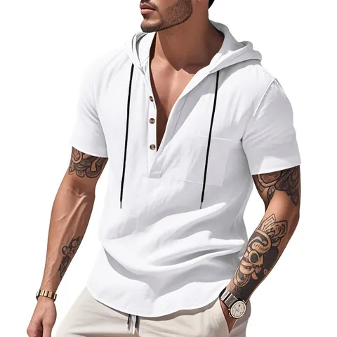 Men Casual Linen Henley Hoodie Shirt Loose Fit Short Sleeve Hooded Beach Shirt With Pocket Breathable Solid Color Top