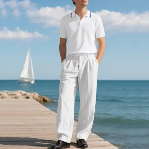 Tuta Casual Business da Uomo Maglia Polo in Poliestere E Pantaloni in Lino Top And Bottom Traspirante Abbigliamento Estivo da Spiaggia