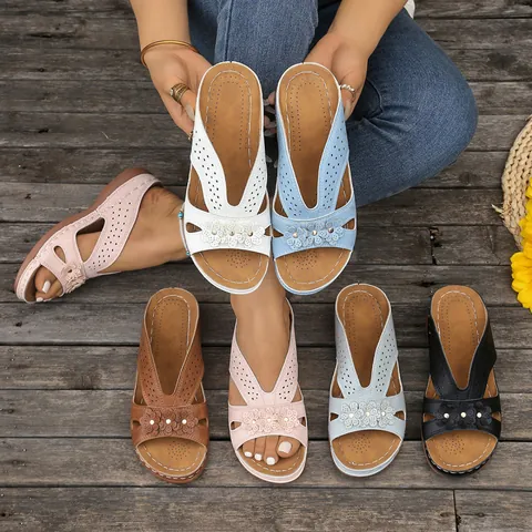 Women Roman Style Wedge Slides Floral Cutout Design Peep Toe Summer Platform Sandals Casual Outdoor PU Leather Slide Slippers