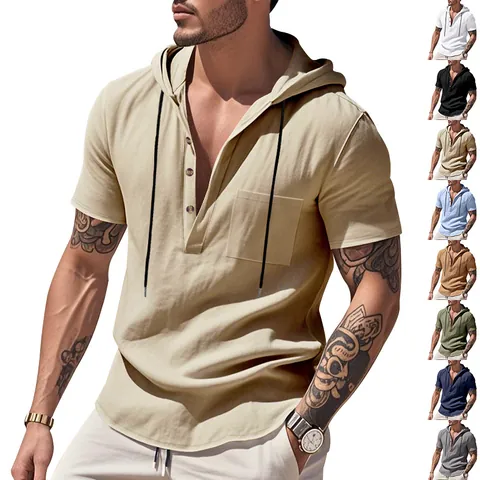 Men Casual Linen Henley Hoodie Shirt Loose Fit Short Sleeve Hooded Beach Shirt With Pocket Breathable Solid Color Top