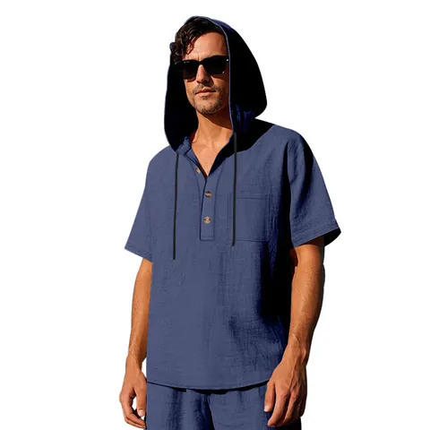 Men's Linen Blend Hooded Henley Shirt Casual Loose Short Sleeve T-Shirt With Drawstring And Chest Pocket Summer Beach Top