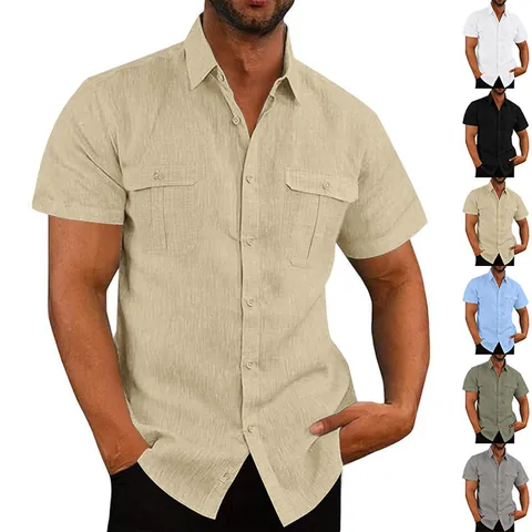 Camisa de Lino Holgada para Hombre Casual Manga Corta Solapa Con Botones Color Sólido Top Con Bolsillos Ropa de Verano
