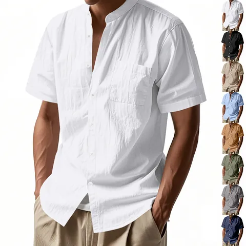 Men's Linen Casual Short Sleeve Shirt Mandarin Collar Solid Color Summer Loose Lightweight Breathable Woven Pocket Top