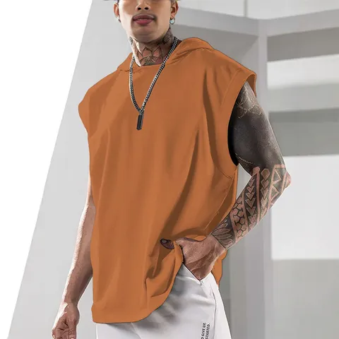 Men's Casual Hooded Tank Top Sleeveless Hoodie Solid Color Muscle Gym Vest Summer Training Pullover Sportswear Top